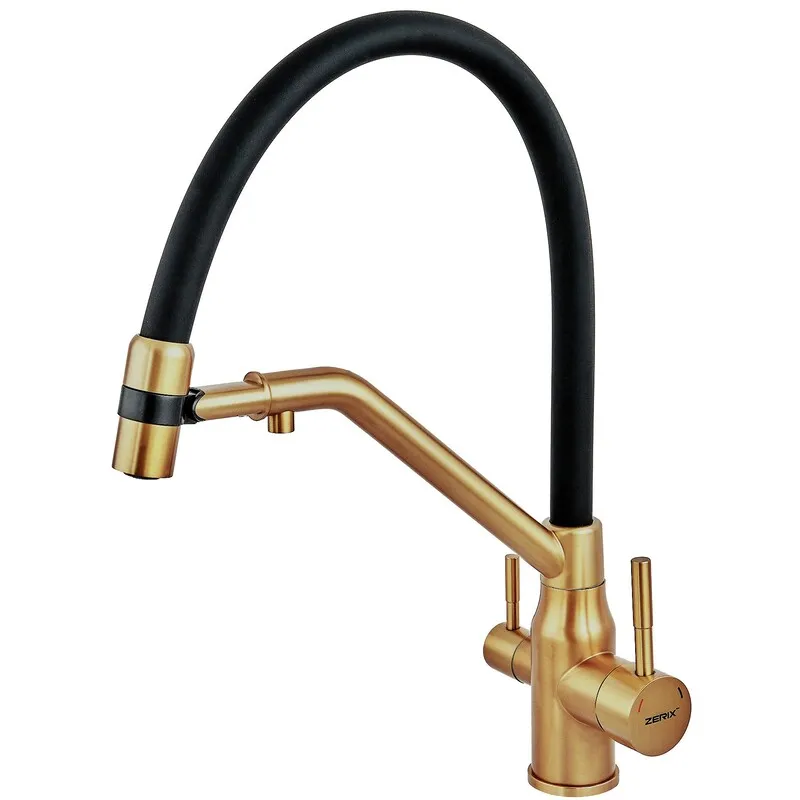 Змішувач для кухні з силіконовим виливом Zerix MAG-021 Brushed Gold Refl.Black з нерж. сталі SUS304 з виходом для пит.води (ZX6007)