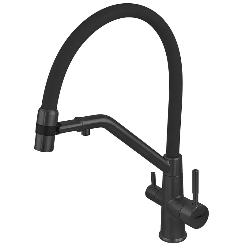 Змішувач для кухні з силіконовим виливом Zerix MAG-021 Black Refl.Black з нерж. сталі SUS304 з виходом для пит.води (ZX6006)