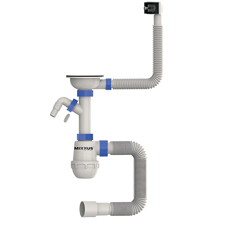 Сифон для кухні Mixxus SK-02-B 3 1/2"x40 з нерж.сіткою, відведенням для пральної машини, гнучким прямок. переливом (MI8195)