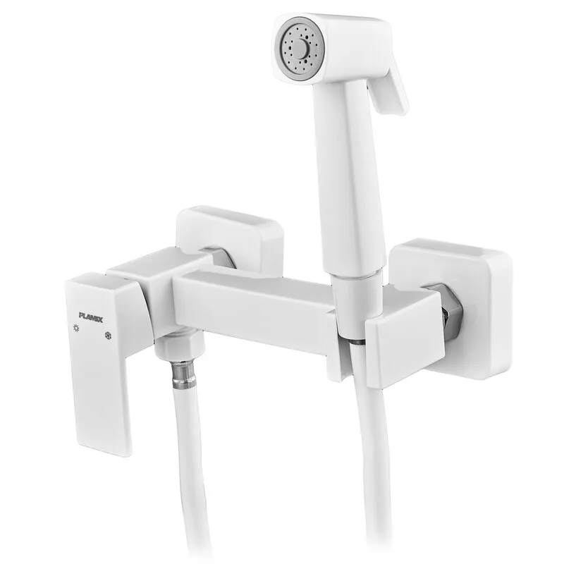 Змішувач для гігієнічного душу Plamix Kubus-222 SET White (з шлангом та лійкою) (PM0744)