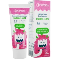 Дитяча зубна паста Nordics Kids Bubble Gum, 50 мл, 26 років, з гідроксиапатитом та кальцієм, без фтору, зі смаком жувальної (3800500324456)