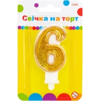Свічка Maxi золотиста двостороння з блискітками "6", 7,62 см, на торт (MX622083-6)