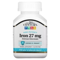 Вітамін 21st Century Залізо Високоефективне, 27 мг, High-Potency Iron, 110 таблеток (CEN-22690)