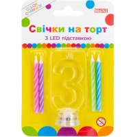 Свічка Maxi 4 шт. на торт з LED підставкою "3", що світиться (MX701007-3)