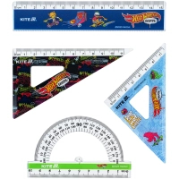 Лінійка Kite набір: лінійка 15 см, 2 косинця, транспортир Hot Wheels (HW25-282)