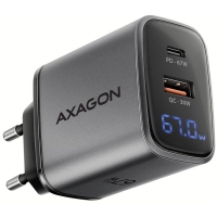 Зарядний пристрій AXAGON 1xUSB-C PD67W + 1xUSB QC4+ PPS display gray (ACU-PQ67D)