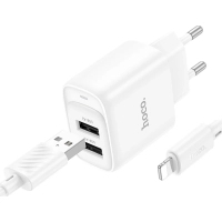 Зарядний пристрій HOCO C141A 2xUSB + cable USB to Lightning white (6942007627870)